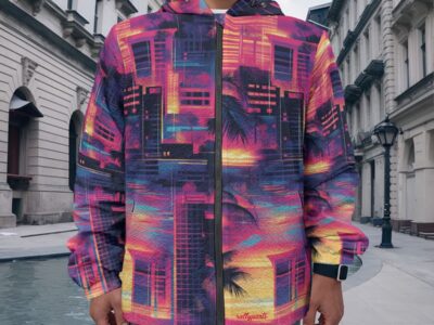 men's casual zipper jacket – vice city sunset: neon pink/electric blue/midnight black rallyprint