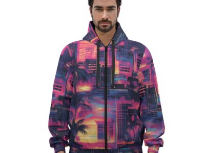 unisex premium cotton zip hoodie vice city sunset neon pink/electric blue/midnight black rallyprint