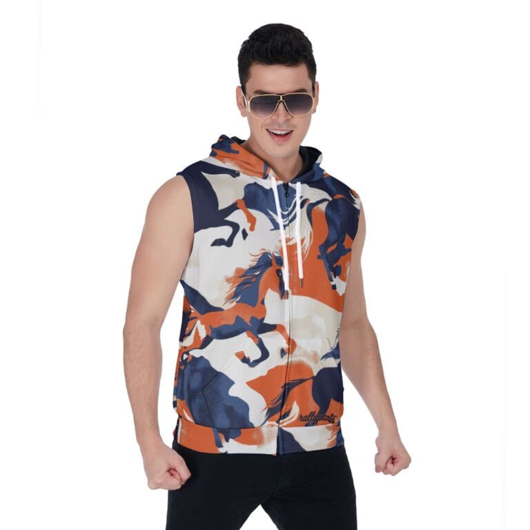 men's zipper-up sleeveless hoodie – denver orange/blue/white rallyprint - Image 2