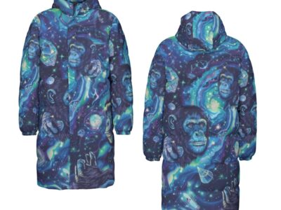 unisex long down jacket – apes diamond blue/moon white rallyprint