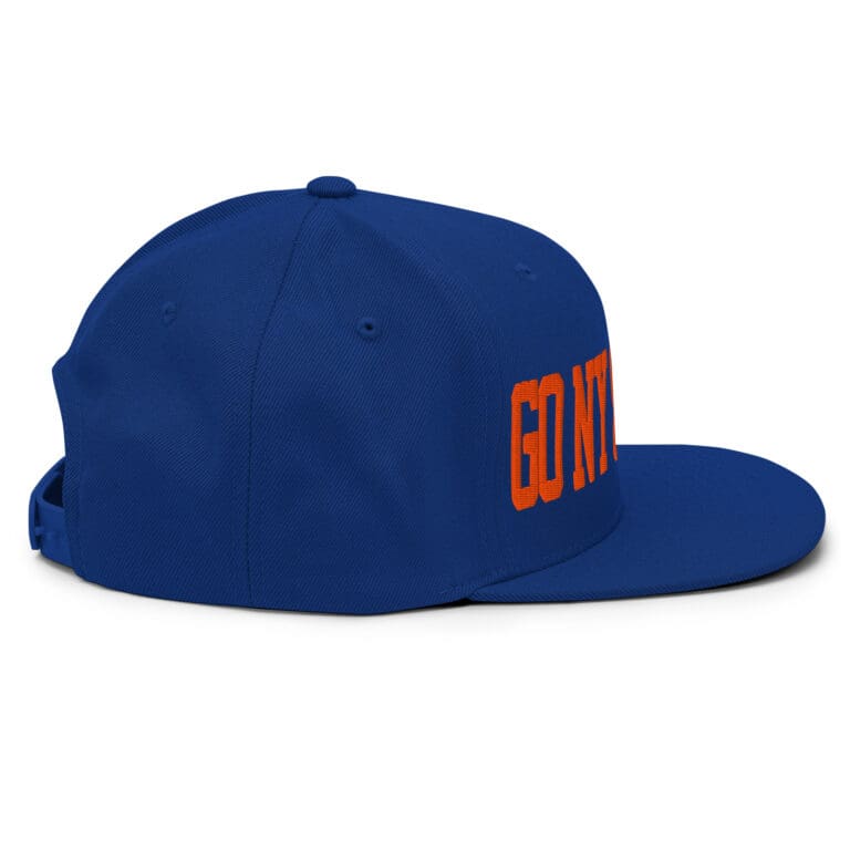 GONYGONYGO snapback hat front view, blue and orange