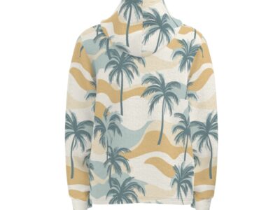 men’s thermal waffle half button pullover hoodie - peaceful palms – sage/gold/sand