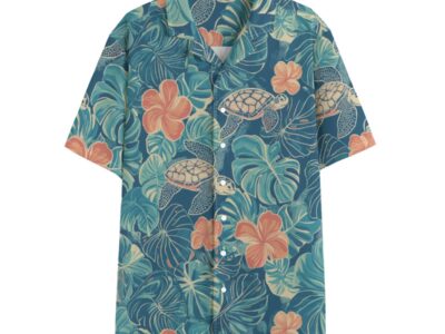men's hawaiian shirt - rarotonga turtle reef lagoon teal/coral/sand